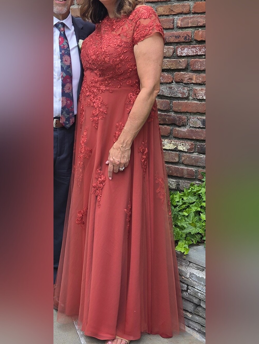 Azazie Elegant Coral Lace A-Line Evening Dress Sz 16